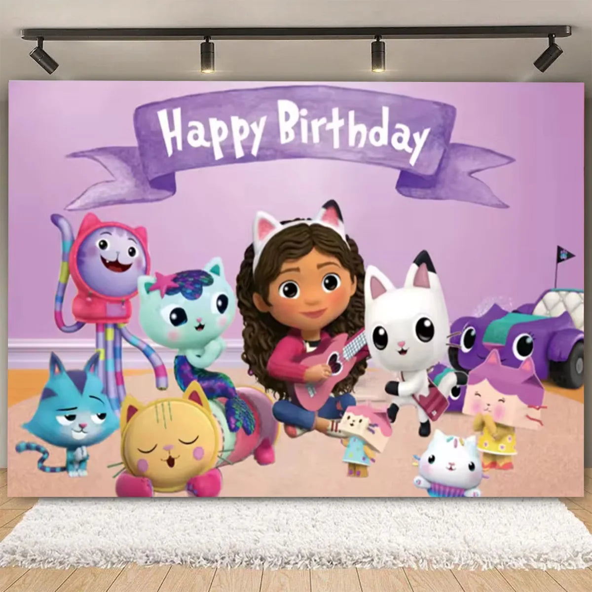 Cartoon-Gabby Dollhouse Children's Birthday Party Supplies Decoration Background Girl Baby Shower Pink Cat Toy Photo Banner Prop