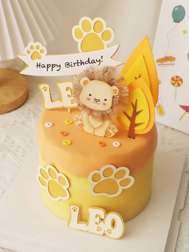 Baby Show Constellation Animal Leo Lion Happy Birthday Cake Topper Yellow Balloon Trees for Cake Decorating Party Supplies Gifts