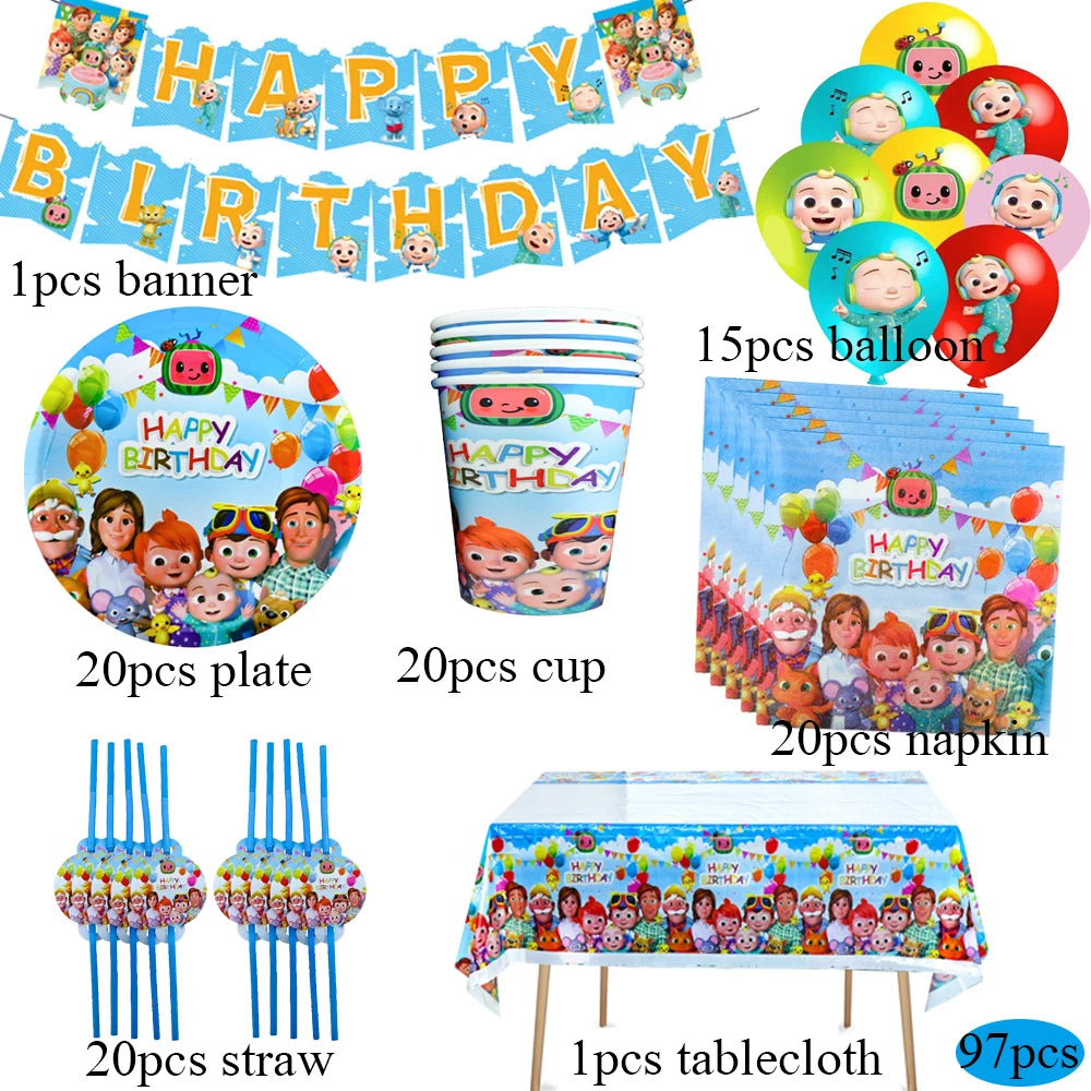 Cartoon JJ Melon Birthday Party Decorations Disposable Tableware Cup Plate Tablecloth Cake Topper Balloon for Kids Baby Shower