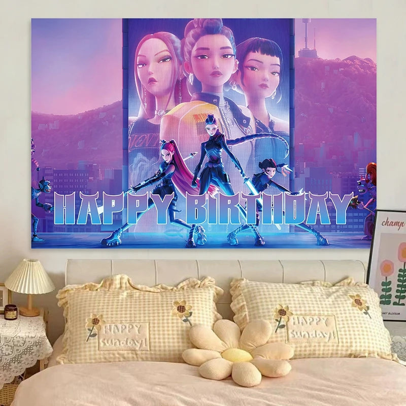 Demon Hunters Birthday Balloons Huntrix Birthday Kpop Warriors Balloons Birthday Backdrop Cloth Kpop Birthday Decor Accessiories