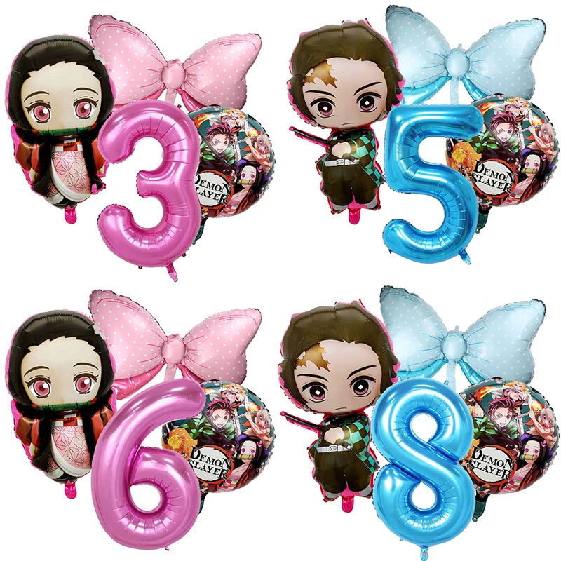 Demon Slayer Birthday Balloons Decoration Set Number Bow Kamado Tanjirou Nezuko Balloon Boy Girl Party Supplies Kids Party Favor