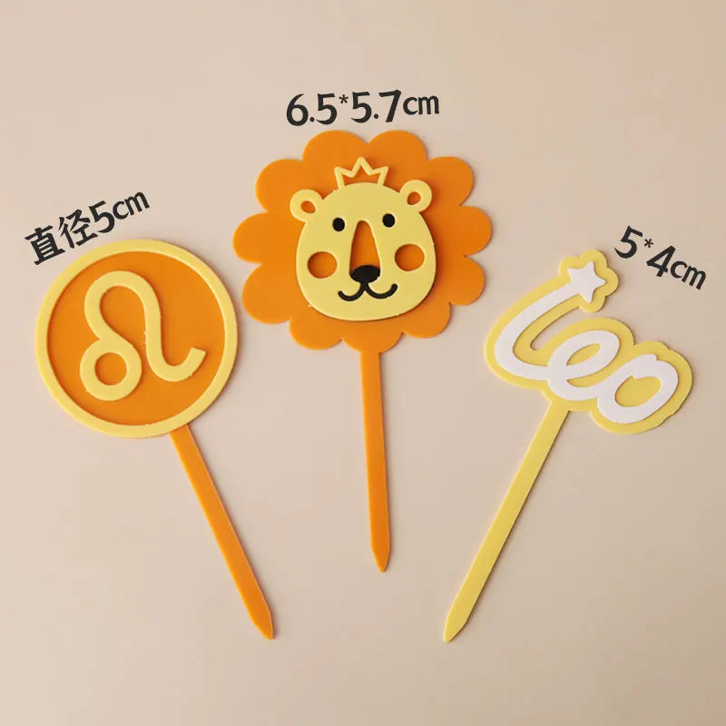 Baby Show Constellation Animal Leo Lion Happy Birthday Cake Topper Yellow Balloon Trees for Cake Decorating Party Supplies Gifts