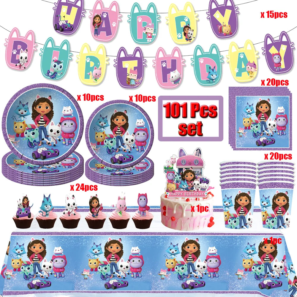 Cartoon Gabbys Birthday Party Decor Dollhouse Disposable Tableware Set Paper Cups Plates Tablecloth Baby Shower Kids Supplies