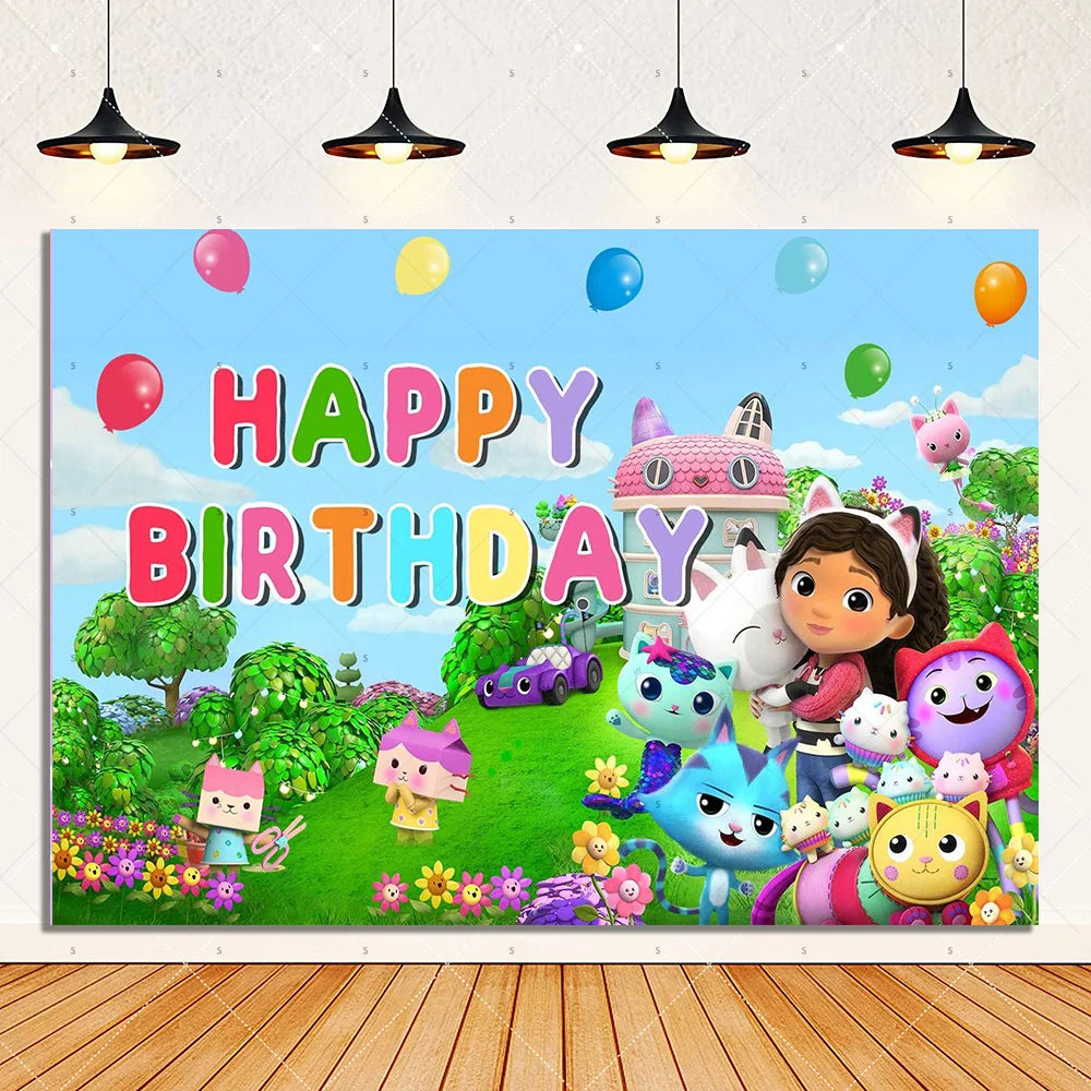 Cartoon G-Gabby Doll House Birthday Party Decorations Disposable Tableware Tablecloth Balloon Background Banner Party Supplies
