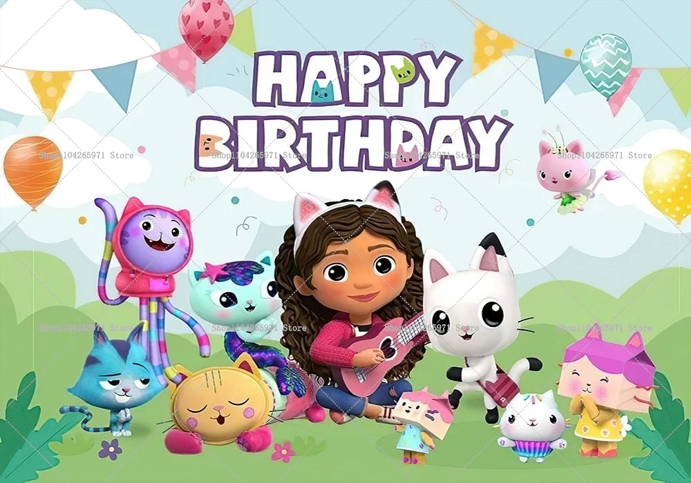 Cartoon Gabby Dollhouse Children Birthday Party Supplies Decoration Background Girl Baby Shower Pink Toy Photo Shoot Banner Prop
