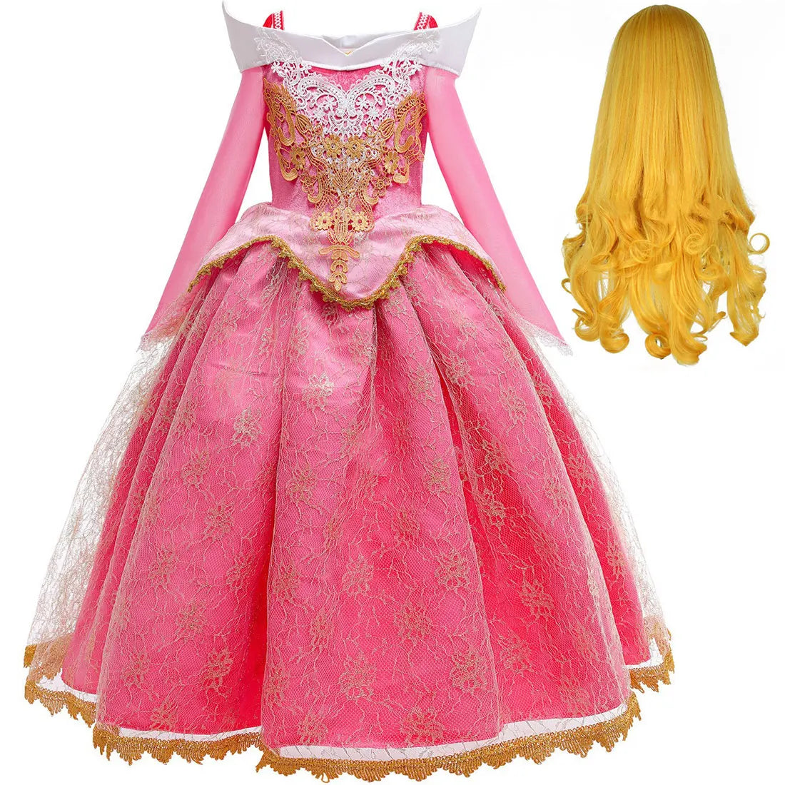 2025 Sleeping Beauty Aurora Princess Dress Cosplay Off Shoulder Kids Gifts Fancy Halloween Party Girl Baby Fine Lace Dress Set
