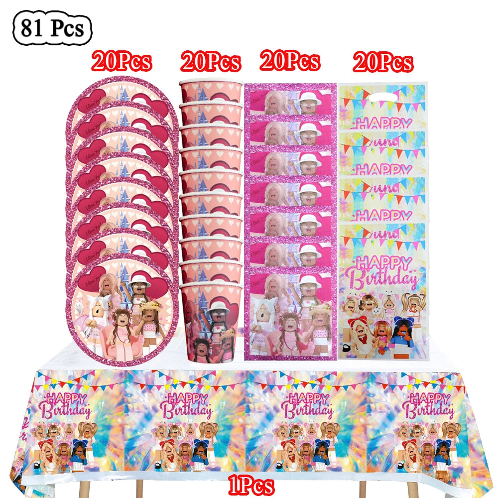 Cartoon Pink Roblox Birthday Party Decorations Napkins balloons Plate Girls Baby Shower Disposable Robot Tableware Supplies set
