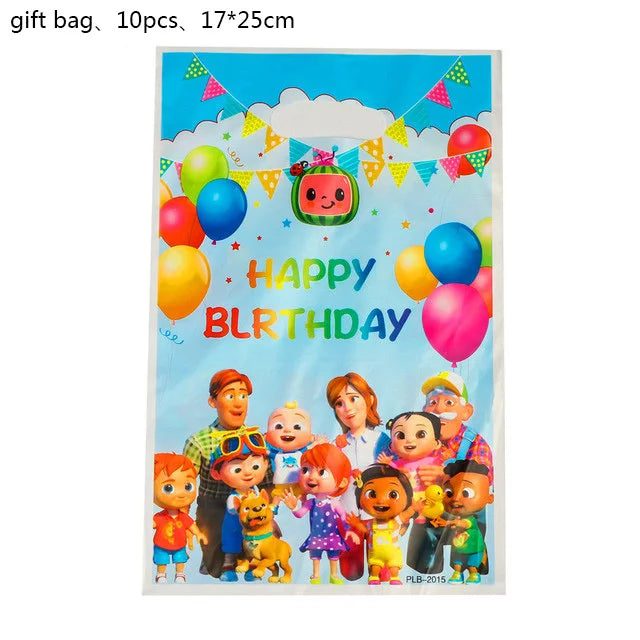 Cartoon JJ Melon Birthday Party Decorations Disposable Tableware Cup Plate Tablecloth Cake Topper Balloon for Kids Baby Shower