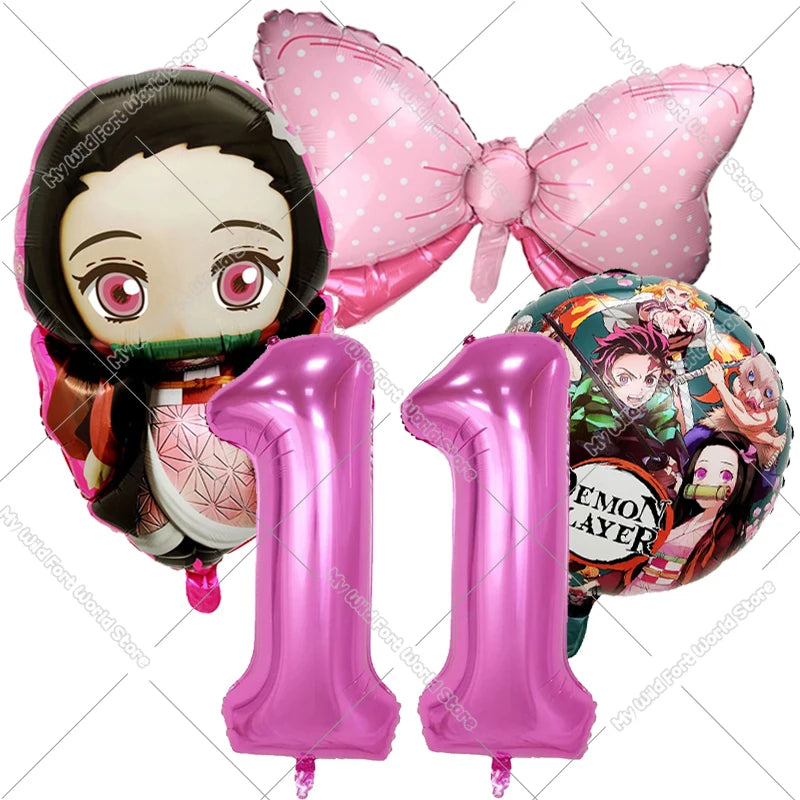 Demon Slayer Birthday Balloons Decoration Set Number Bow Kamado Tanjirou Nezuko Balloon Boy Girl Party Supplies Kids Party Favor