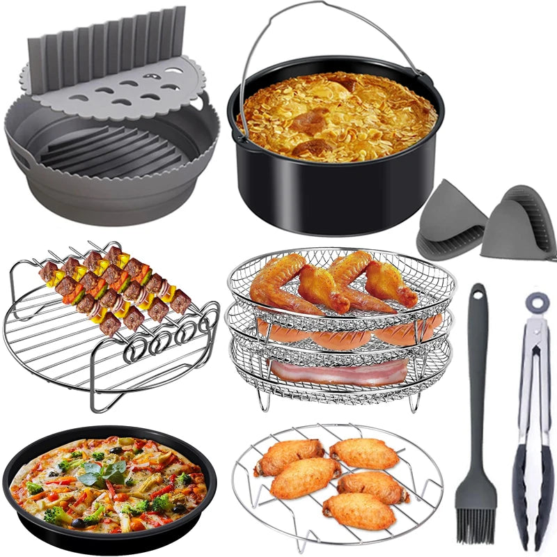 Round Air Fryer Accessories Set Silicone Airfryer Basket Mold Liner Reusable Oven Grill Baking Rack Pizza Cake Pan Tray