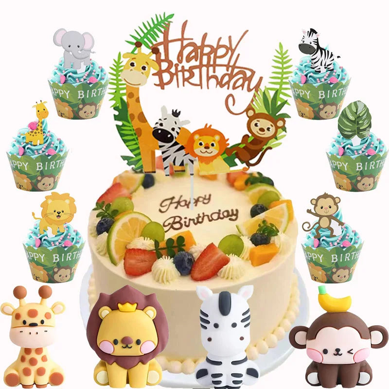 Cute Forest Animal Cake Topper Jungle Safari Birthday Decor Supplies Giraffe Elephant Lion Tiger Cake Decor For Kids 1 2 3 Years