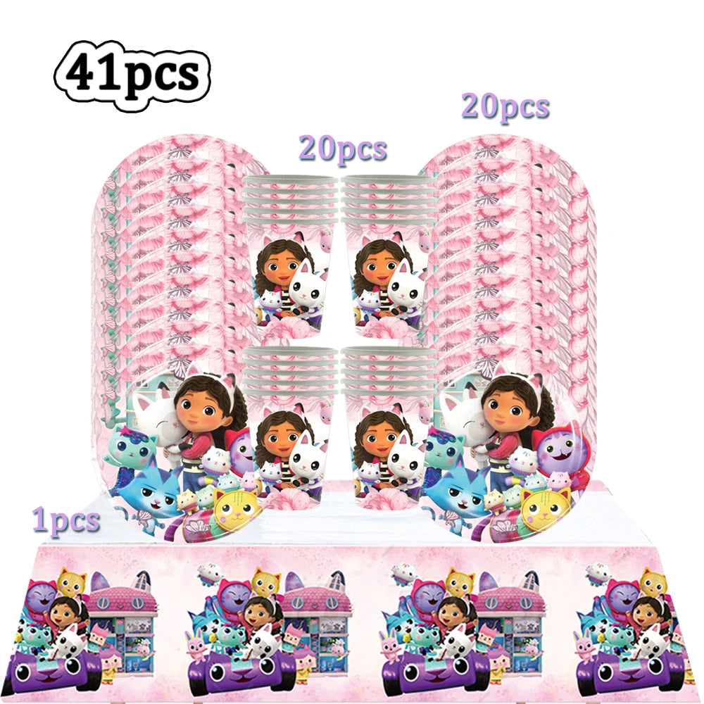 Hot Gabby Doll House Cartoon Girls Birthday Party Decorations Plate Tablecloth Paper Cup Napkin Doll House Tableware Set Gift