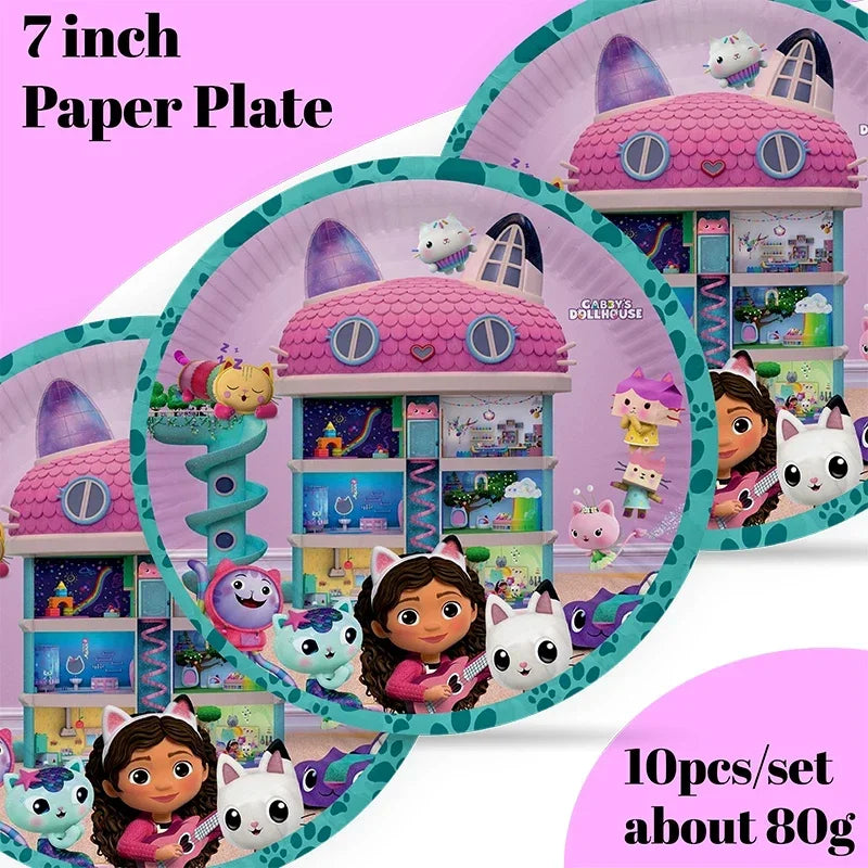 Cartoon Gabby Dollhouse Party Supplies Birthday Party Disposable Tableware Set Paper Plate Cup Napkins Baby Shower Decorations
