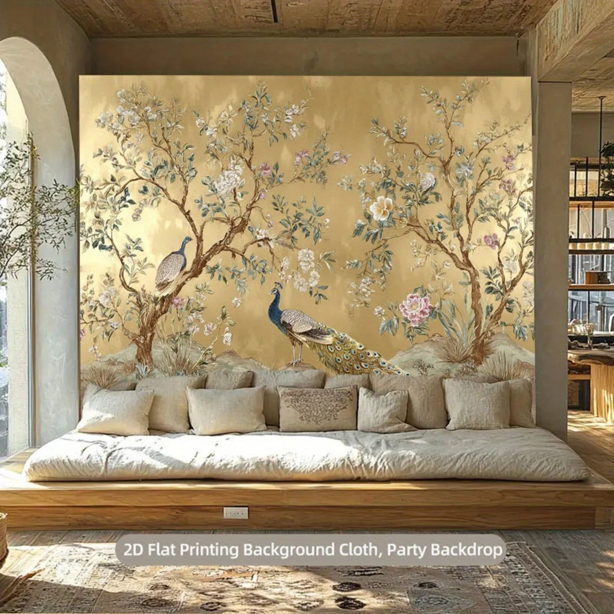 1 piece of Elegant Peacock Backdrop Fabric - Oversized Photography Wall Decor with Gold Background