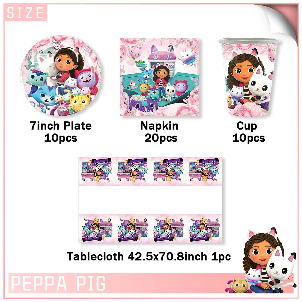 Cartoon G-Gabby Doll House Birthday Party Decorations Disposable Tableware Tablecloth Balloon Background Banner Party Supplies