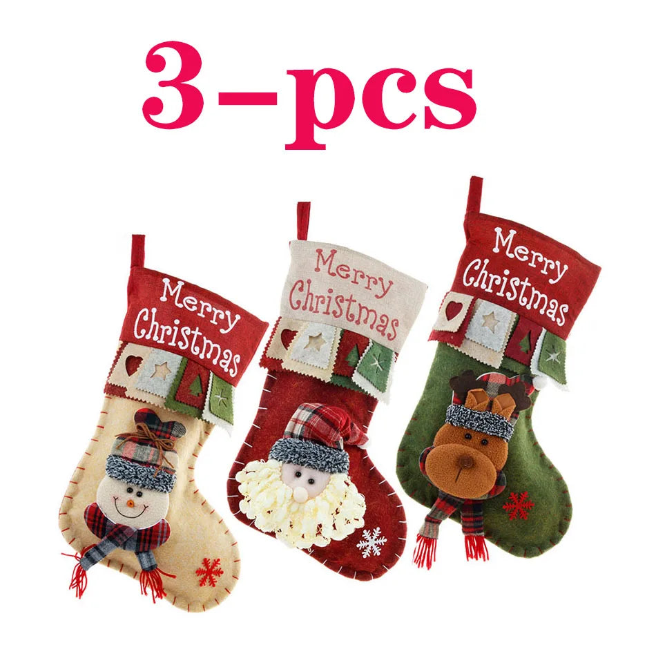 1pcs Retro Christmas Stockings Decoration Large Boots Tree Santa Snowman Reindeer Candy Bag Gift Bag Xmas HomeHanging Decoration