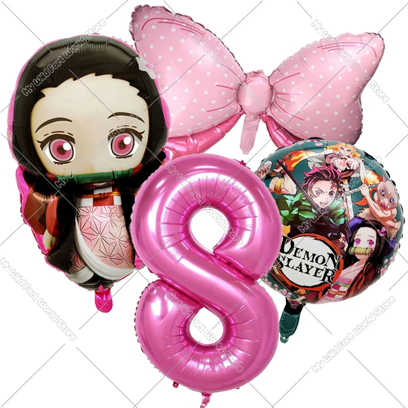 Demon Slayer Birthday Balloons Decoration Set Number Bow Kamado Tanjirou Nezuko Balloon Boy Girl Party Supplies Kids Party Favor