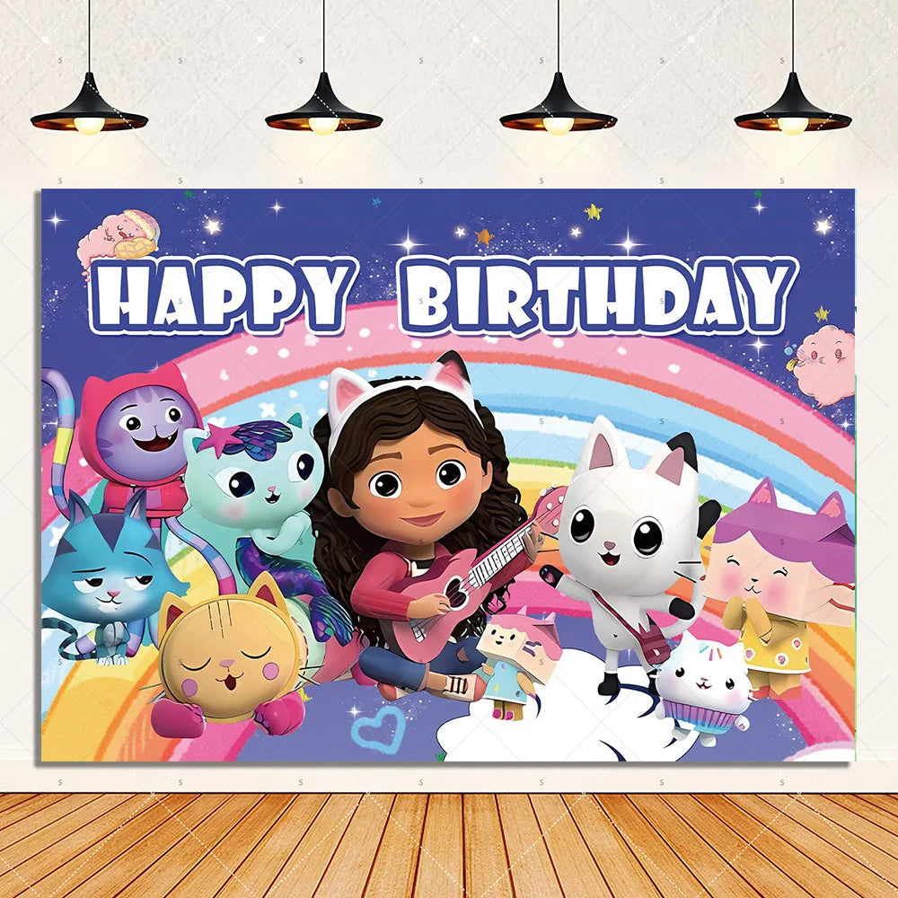 Cartoon G-Gabby Doll House Birthday Party Decorations Disposable Tableware Tablecloth Balloon Background Banner Party Supplies