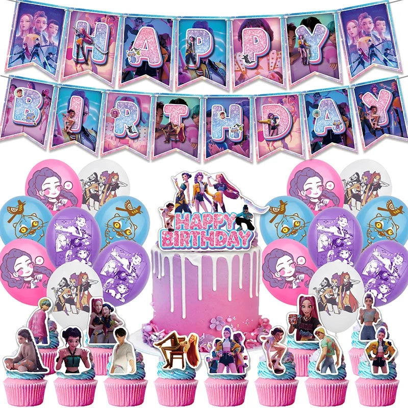 Kpop Demon Hunter Birthday Party Accessorie K Pop Birthday Warriors Pop Party Backdrop Cups Plates Tablecloth Ballons Cake Decor