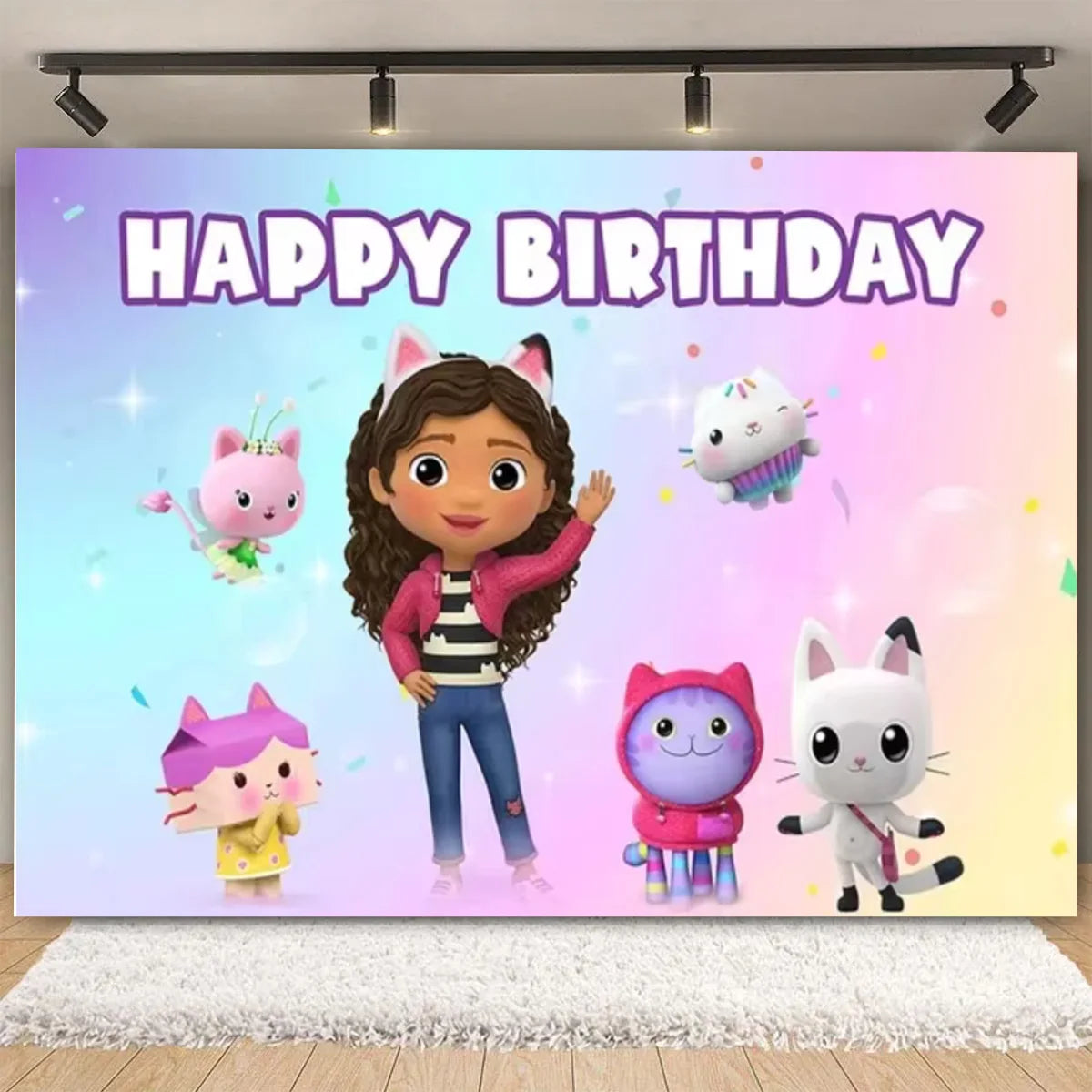Cartoon-Gabby Dollhouse Children's Birthday Party Supplies Decoration Background Girl Baby Shower Pink Cat Toy Photo Banner Prop