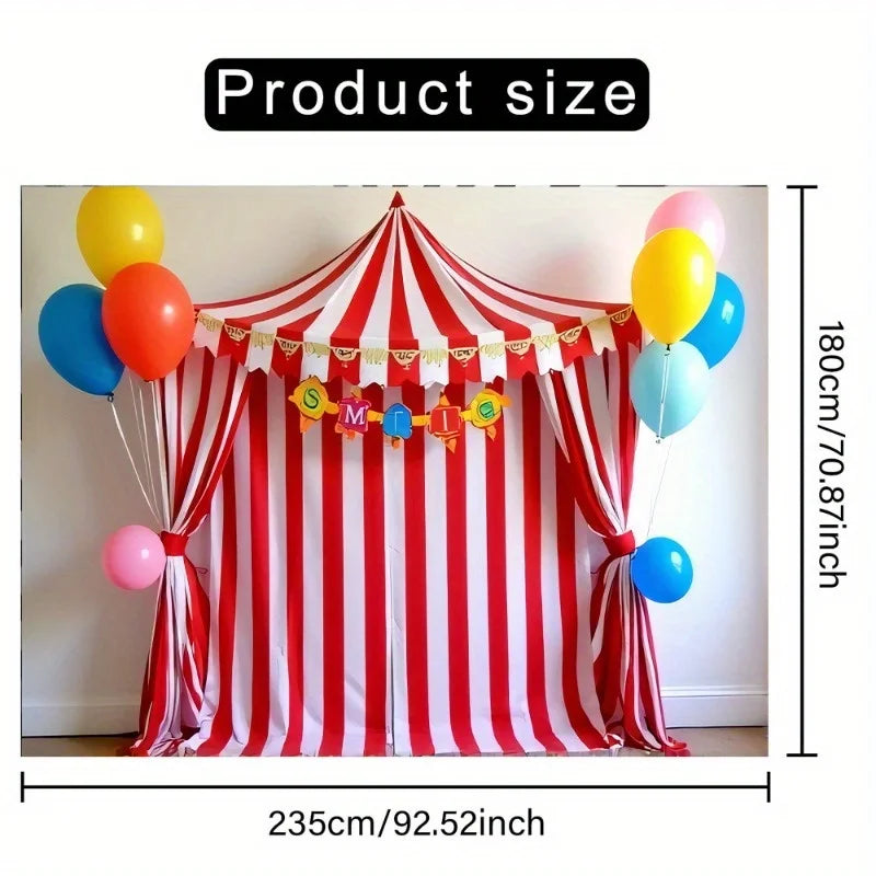 1 Carnival themed polyester background banner with colorful balloons and circus tent design - easy to hang