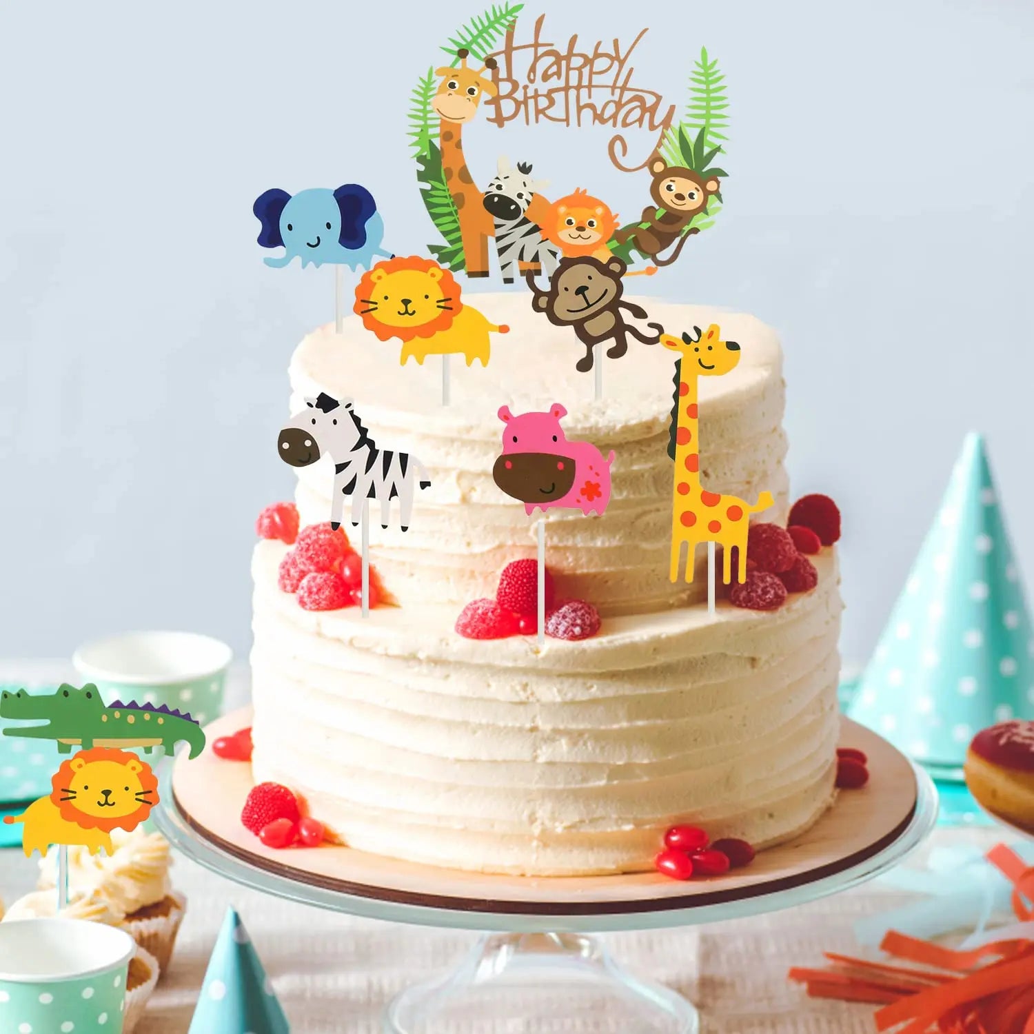 Cute Forest Animal Cake Topper Jungle Safari Birthday Decor Supplies Giraffe Elephant Lion Tiger Cake Decor For Kids 1 2 3 Years