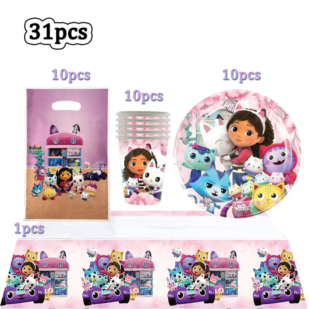 Hot Gabby Doll House Cartoon Girls Birthday Party Decorations Plate Tablecloth Paper Cup Napkin Doll House Tableware Set Gift
