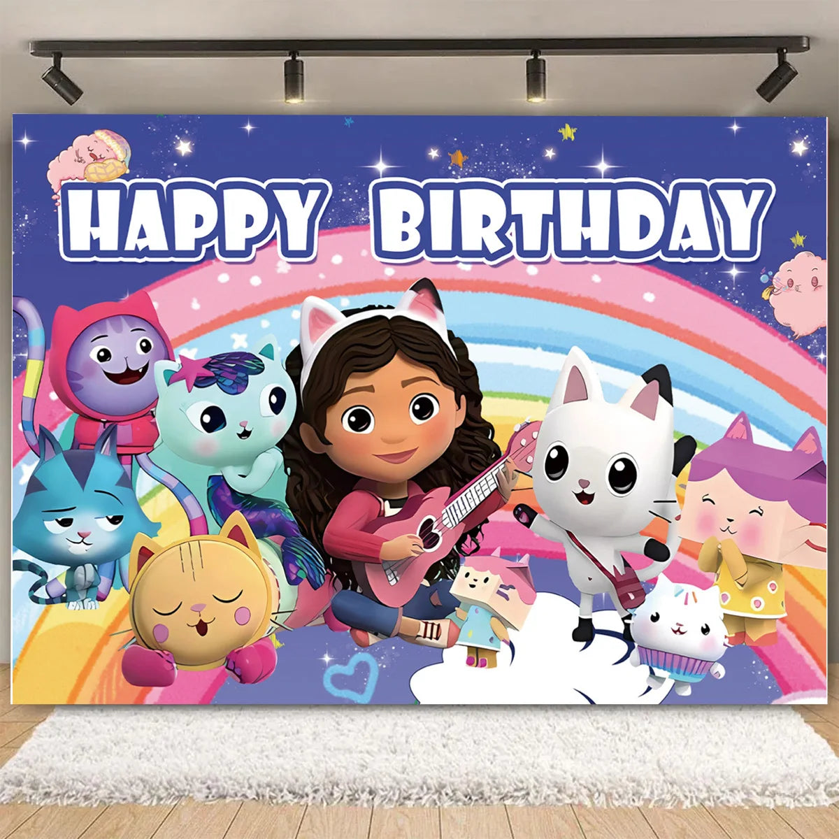 Cartoon-Gabby Dollhouse Children's Birthday Party Supplies Decoration Background Girl Baby Shower Pink Cat Toy Photo Banner Prop