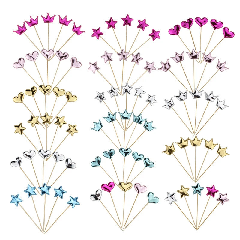 50/100PCS Cake Decoration Shiny Skin Reflective Heart Five Pointed Star Crown Birthday Dessert Table Baking Wedding Party