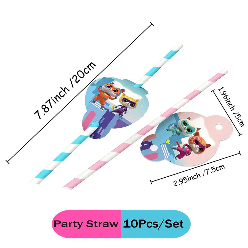 Cartoon Superkitties Birthday Party Baptism Disposable Tableware Brooch Spiral Paper Straw Party Supplie Decorate Packing