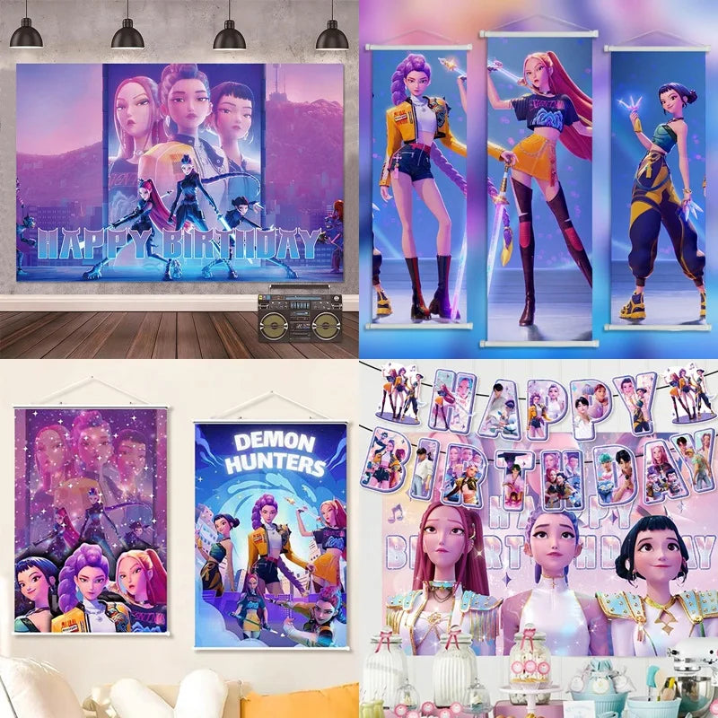 Demon Hunters Birthday Balloons Huntrix Birthday Kpop Warriors Balloons Birthday Backdrop Cloth Kpop Birthday Decor Accessiories