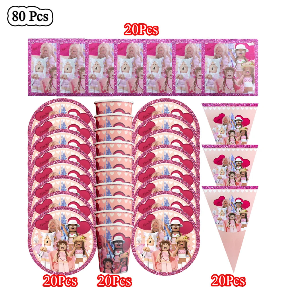 Cartoon Pink Roblox Birthday Party Decorations Napkins balloons Plate Girls Baby Shower Disposable Robot Tableware Supplies set