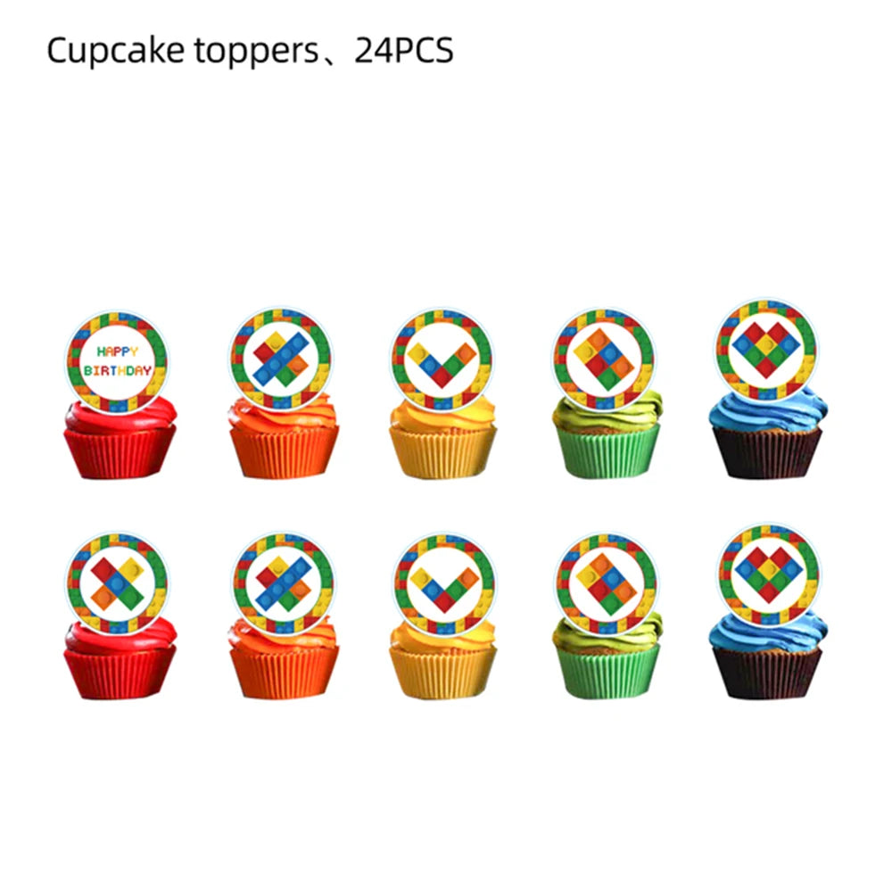 Building Block Tablecloth Theme Party Disposable Tableware Balloon Kid Boy and Girls Birthday Balloon Decor Baby Bath Products