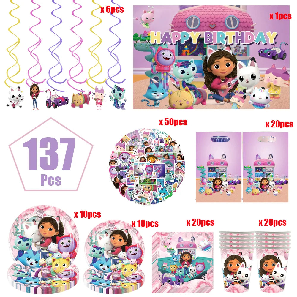Cartoon Gabbys Birthday Party Decor Dollhouse Disposable Tableware Set Paper Cups Plates Tablecloth Baby Shower Kids Supplies