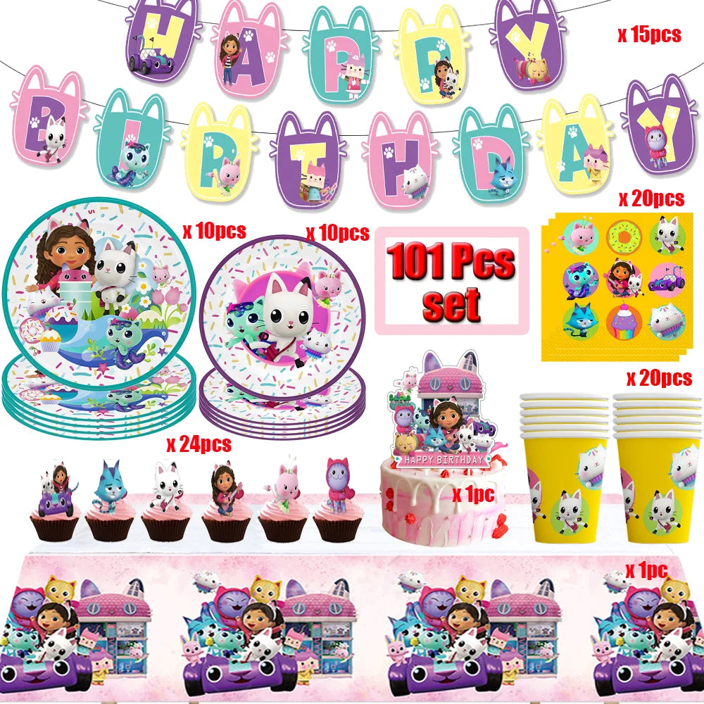Cartoon Gabbys Birthday Party Decor Dollhouse Disposable Tableware Set Paper Cups Plates Tablecloth Baby Shower Kids Supplies