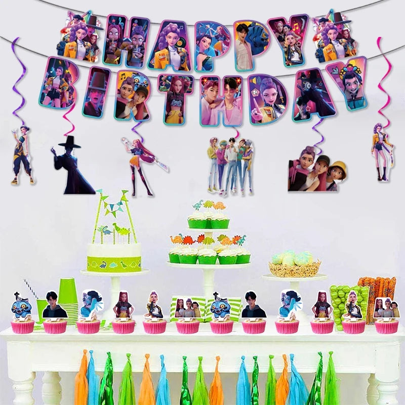 Kpop Demon Hunter Birthday Party Accessorie K Pop Birthday Warriors Pop Party Backdrop Cups Plates Tablecloth Ballons Cake Decor