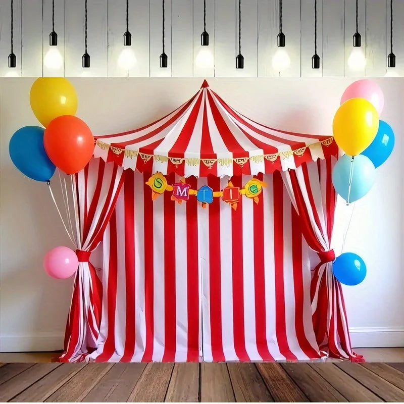 1 Carnival themed polyester background banner with colorful balloons and circus tent design - easy to hang