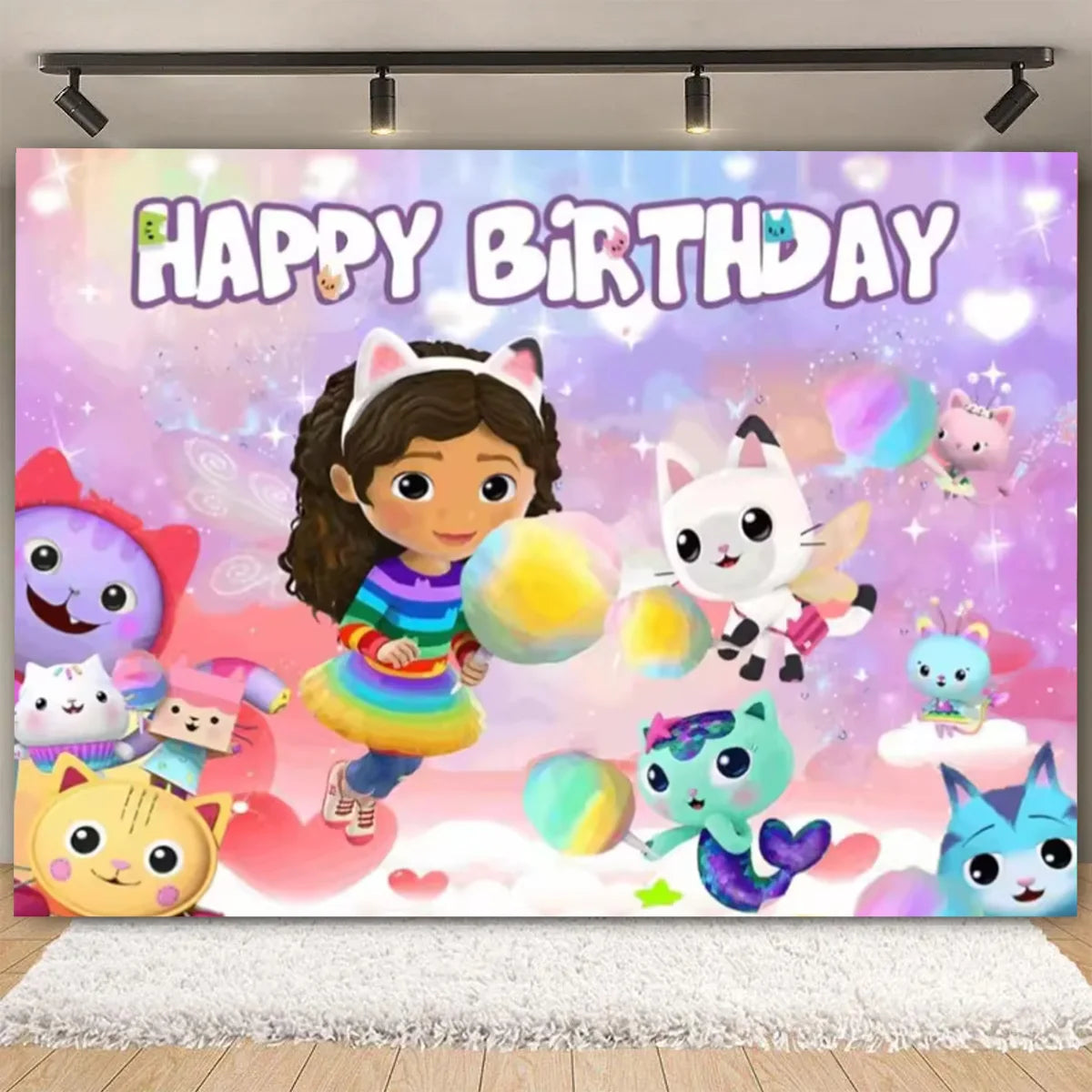 Cartoon-Gabby Dollhouse Children's Birthday Party Supplies Decoration Background Girl Baby Shower Pink Cat Toy Photo Banner Prop