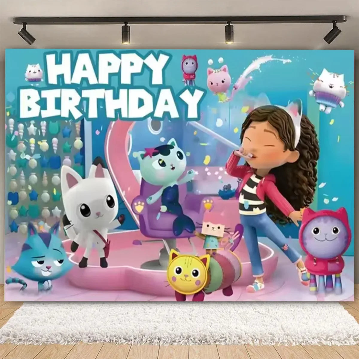 Cartoon-Gabby Dollhouse Children's Birthday Party Supplies Decoration Background Girl Baby Shower Pink Cat Toy Photo Banner Prop