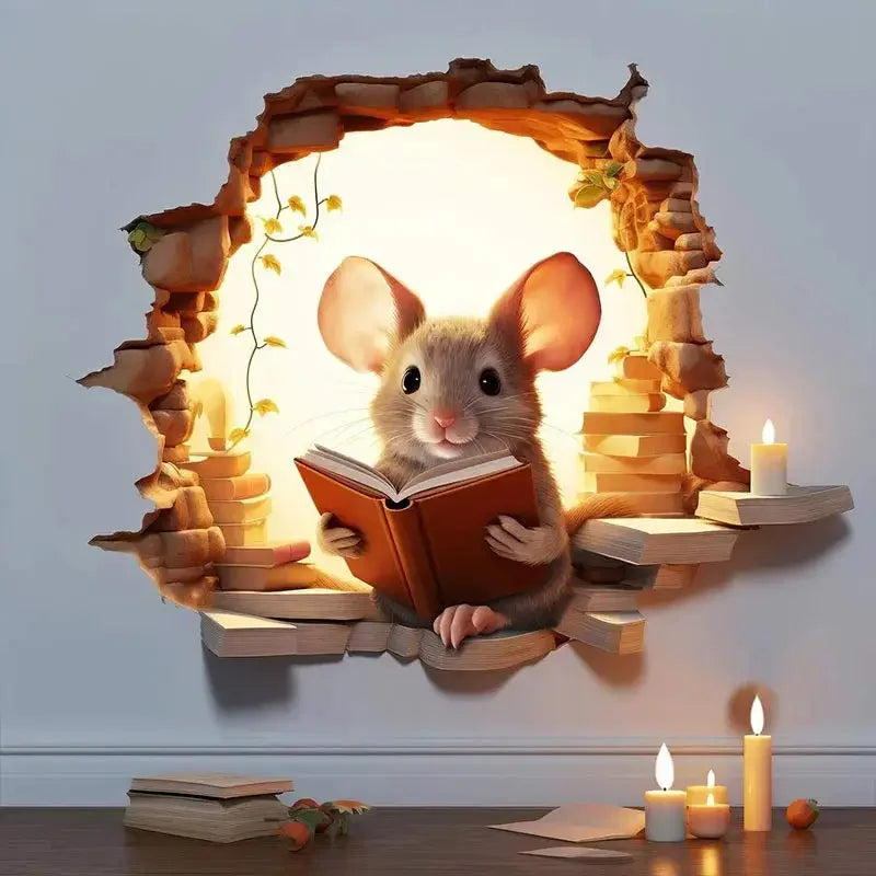 1pc Mouse Book Lover's Cute Mouse Hole Wall Stickers Waterproof Vinyl Decals Home Bedroom Living Room Animal Decoration