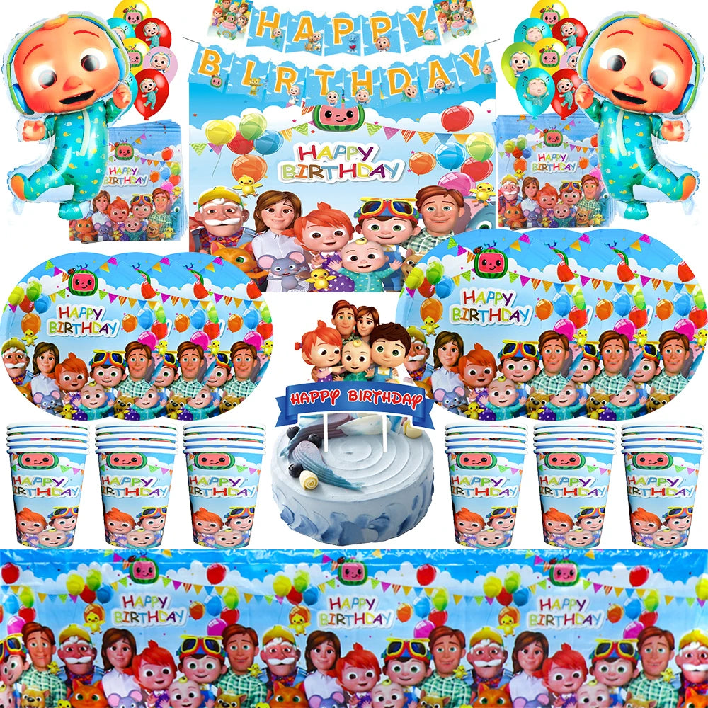 Cartoon JJ Melon Birthday Party Decorations Disposable Tableware Cup Plate Tablecloth Cake Topper Balloon for Kids Baby Shower
