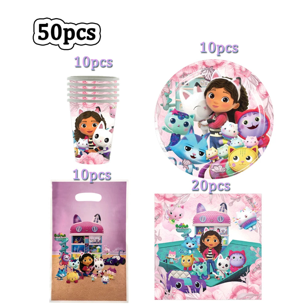 Hot Gabby Doll House Cartoon Girls Birthday Party Decorations Plate Tablecloth Paper Cup Napkin Doll House Tableware Set Gift