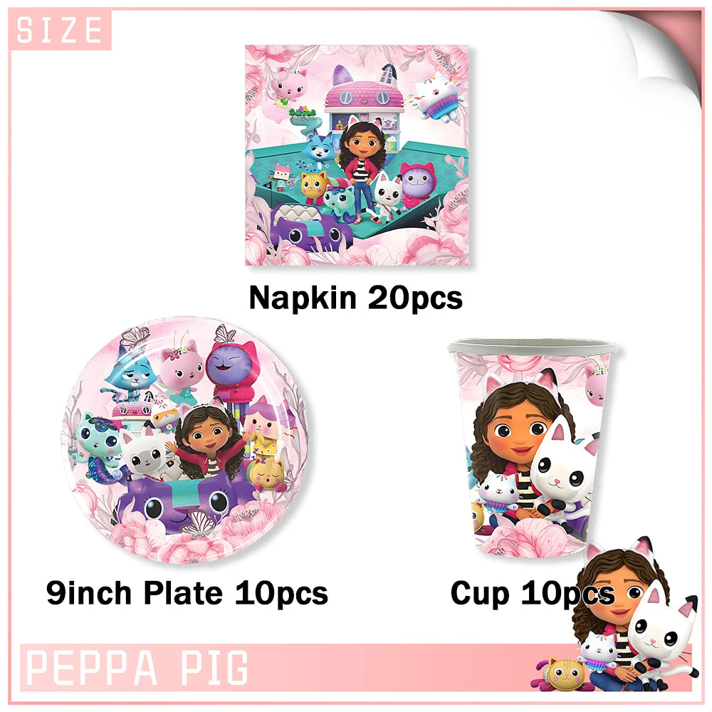 Cartoon G-Gabby Doll House Birthday Party Decorations Disposable Tableware Tablecloth Balloon Background Banner Party Supplies