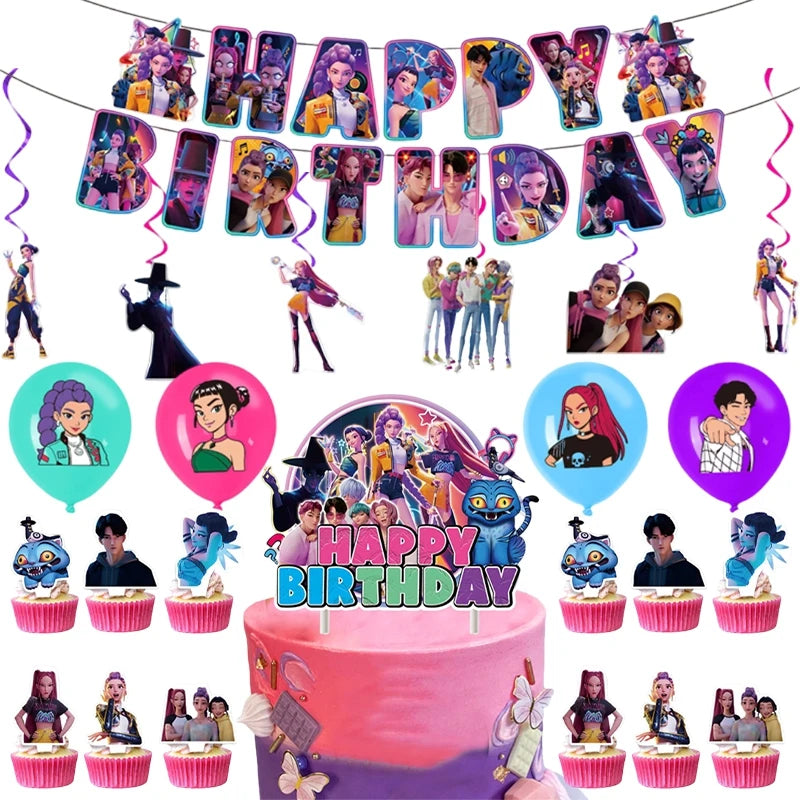 Kpop Demon Hunter Birthday Party Accessorie K Pop Birthday Warriors Pop Party Backdrop Cups Plates Tablecloth Ballons Cake Decor