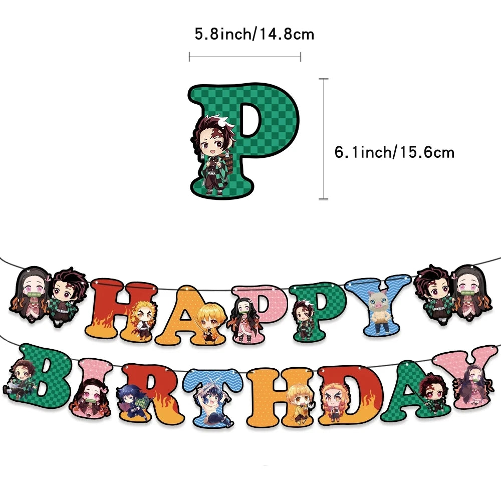 Demoned Slayers Balloons Happy Birthday Banner Kimetsu No Yaiba Party Decoration Cup Disposable Tableware Anime Cake Topper Toy