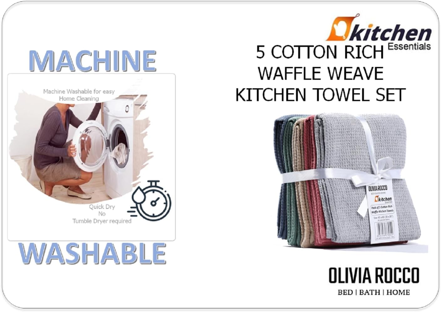 5 Pack Ultra Absorbent Waffle Kitchen Tea Towels High-Quality Soft Cotton Assorted Colours Durable for Home and Catering Use by OLIVIA ROCCO