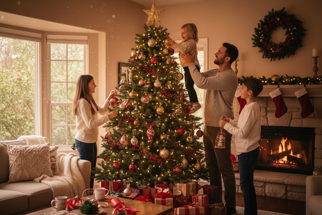 una famiglia che prepara il suo albero di natale